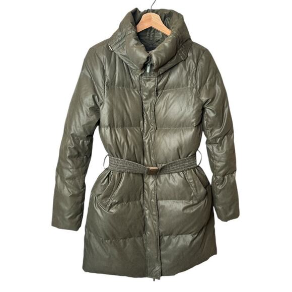BCBGMaxazria Olive Green Belted High Neck Duck Down Puffer Jacket Women's Size 7 - Picture 1 of 5